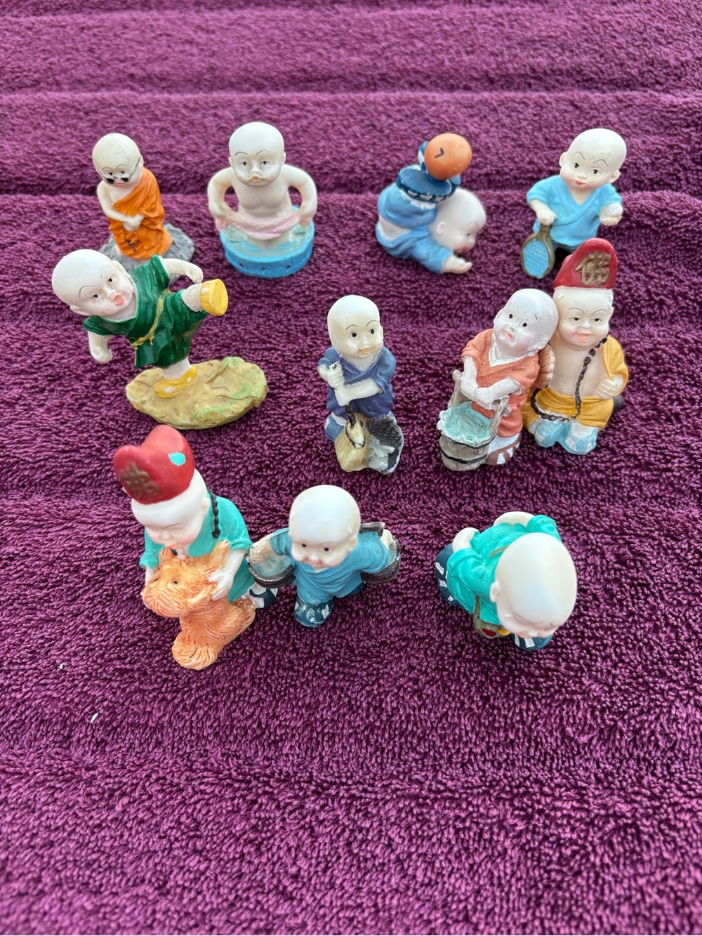 Miniature Shaolin Buddhist Monk Figurines - lot of 10 vintage resin figurines